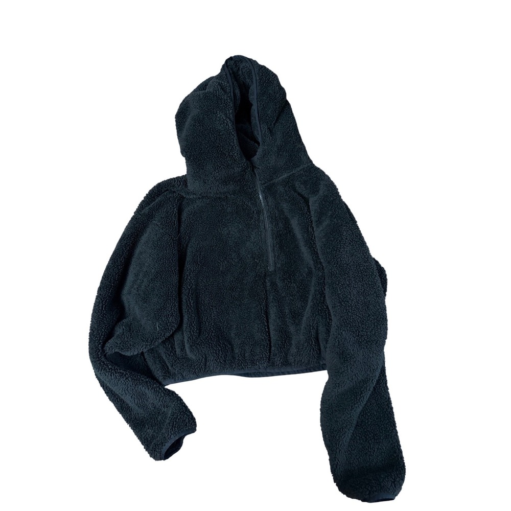 Sunday Best Black Sherpa Fleece Full Zip Hoodie Women L Fuzzy Teddy Jacket‎